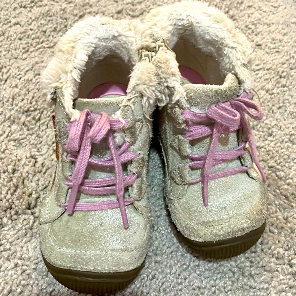 Stride rite little girls size 7 tanishsilver w/purple zipper winter boots VGUC